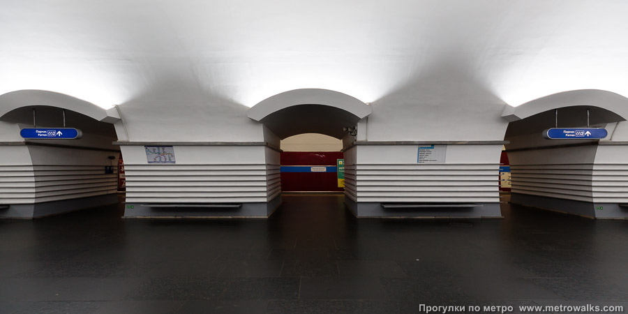 Станция Невский проспект (Московско-Петроградская линия, Санкт-Петербург). Поперечный вид, проходы между пилонами из центрального зала на платформу.