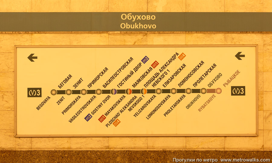 Станция Обухово (Невско-Василеостровская линия, Санкт-Петербург). Схема линии на путевой стене.