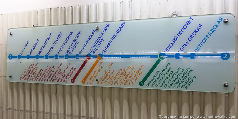 Станция Петроградская (Московско-Петроградская линия, Санкт-Петербург). Схема линии на станционной стене. Старая версия, с обозначенными станциями других линий.