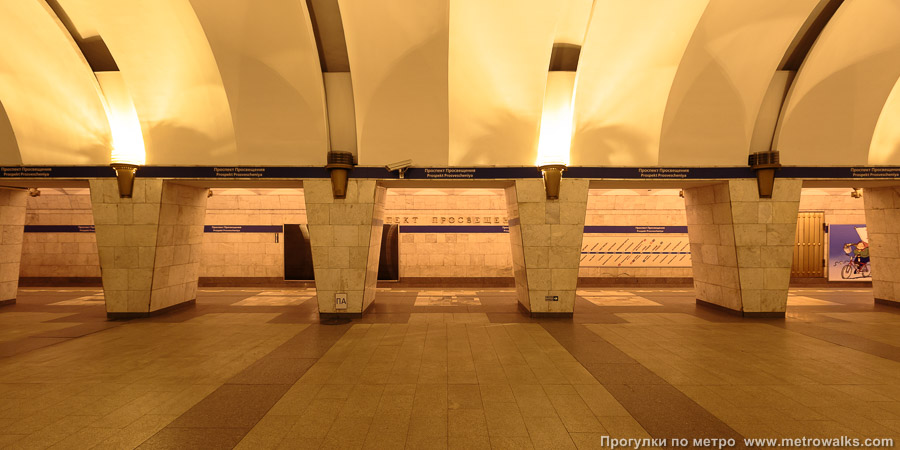 Станция Проспект Просвещения (Московско-Петроградская линия, Санкт-Петербург). Поперечный вид, проходы между колоннами из центрального зала на платформу.