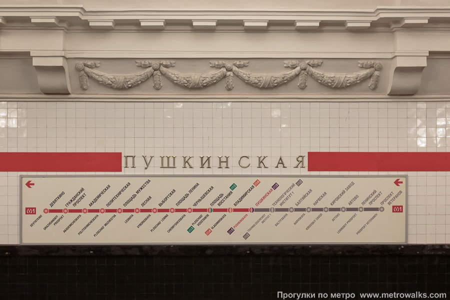 Станция Пушкинская (Кировско-Выборгская линия, Санкт-Петербург). Название станции на путевой стене и схема линии.