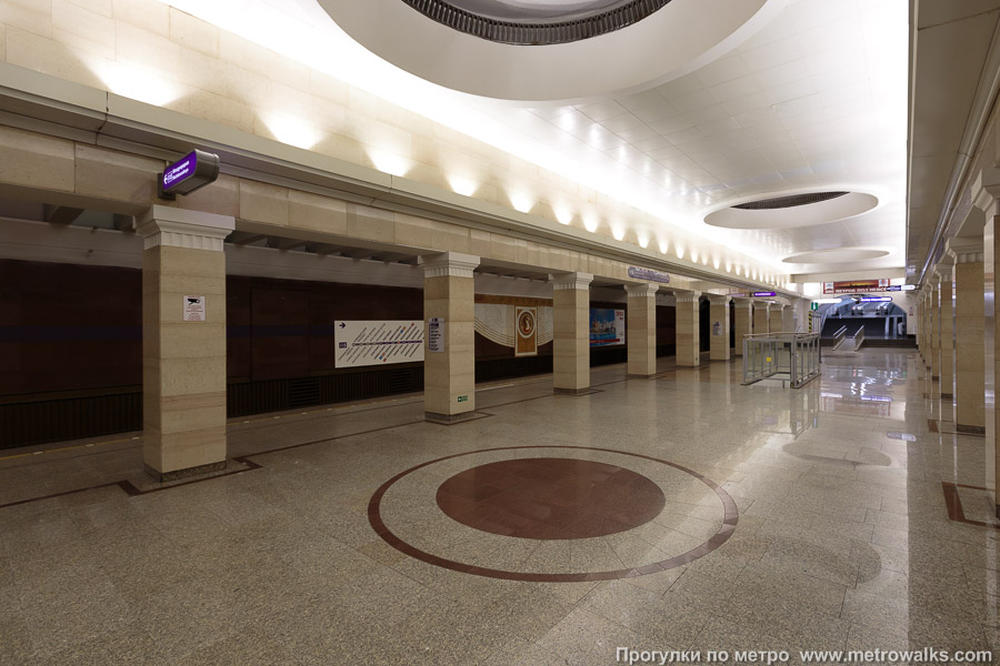 Станция Спортивная (Фрунзенско-Приморская линия, Санкт-Петербург). Вид по диагонали. Нижний зал станции, юго-западная часть.