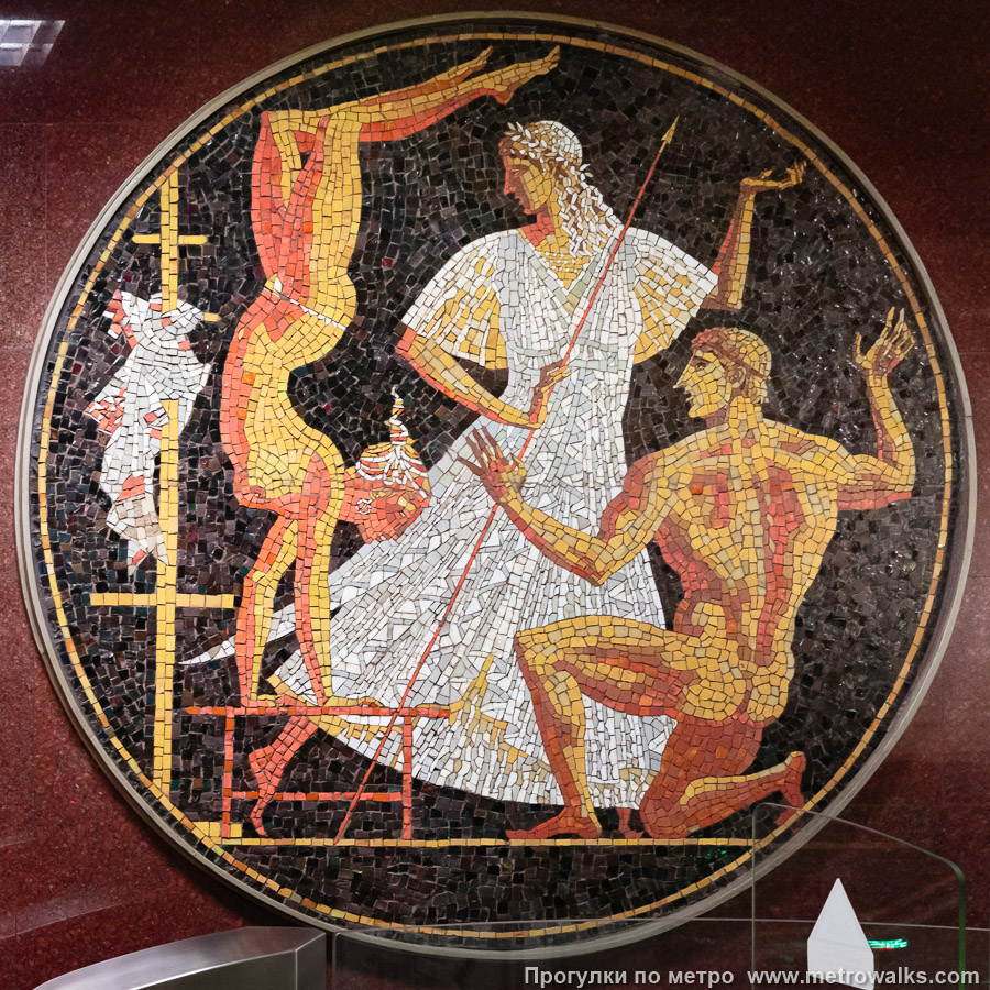 Станция Спортивная (Фрунзенско-Приморская линия, Санкт-Петербург). Медальон № 1 слева от выхода — гимнастика.