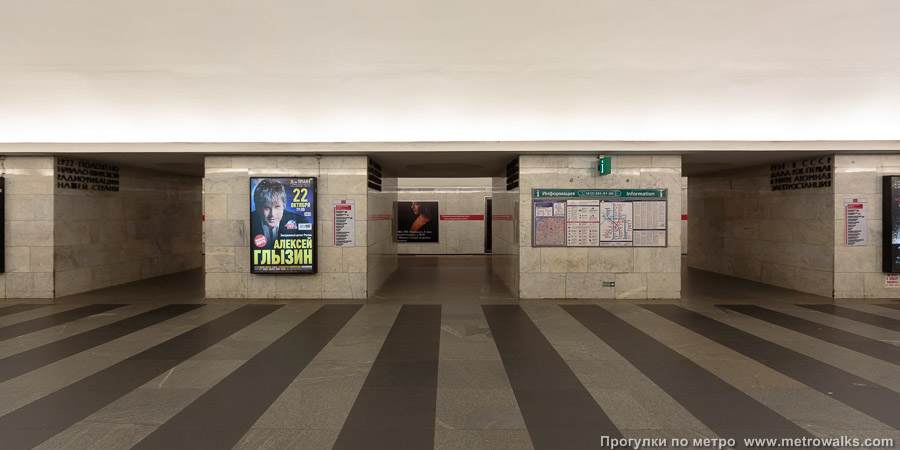 Станция Технологический институт (Московско-Петроградская линия, Санкт-Петербург). Поперечный вид, проходы между пилонами из центрального зала на платформу.