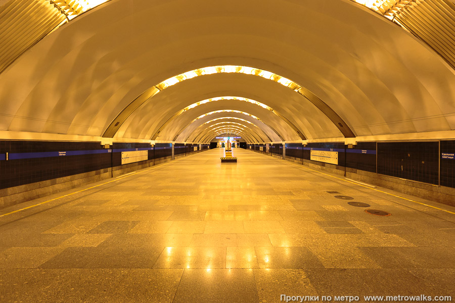 Станция Удельная (Московско-Петроградская линия, Санкт-Петербург). Общий вид по оси станции от глухого торца в сторону выхода. С 2000 до 2016 года станция освещалась оранжевыми натриевыми лампами.