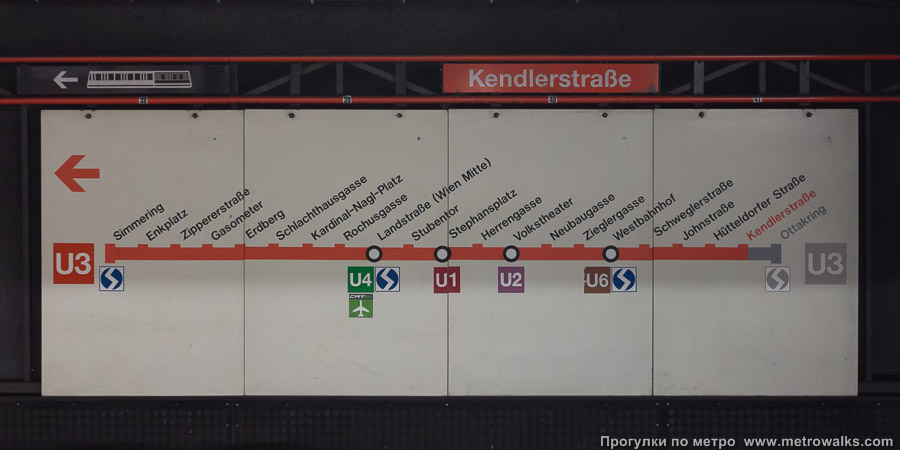Станция Kendlerstraße [Кендлерштрассе] (U3, Вена). Схема линии на путевой стене.