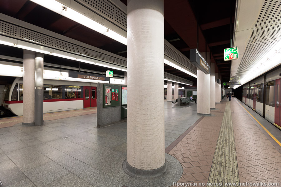 Станция Bahnhof Meidling [Банхоф Майдлинг] (U6, Вена). Вид с края платформы по диагонали на противоположную сторону сквозь центральный зал.