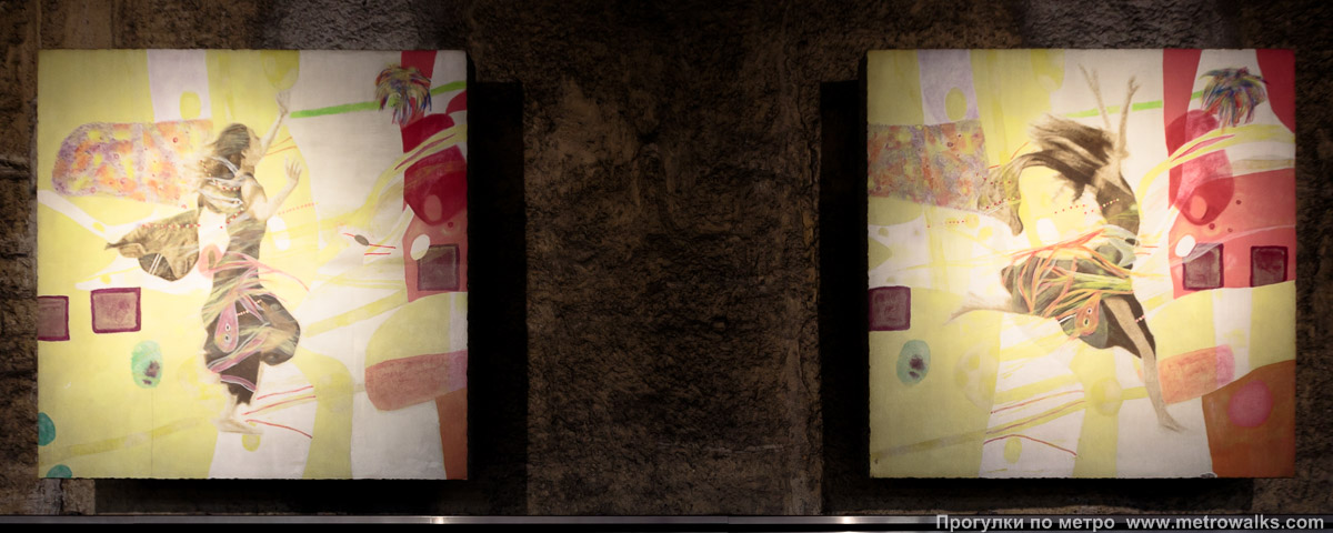 Фотография станции Houba-Brugmann [Ху́ба-Брю́хманн] (линия 2 / 6, Брюссель). Декоративное оформление путевой стены крупным планом. Грустная девушка прыгает в мир радуги и счастья, кадр № 5.