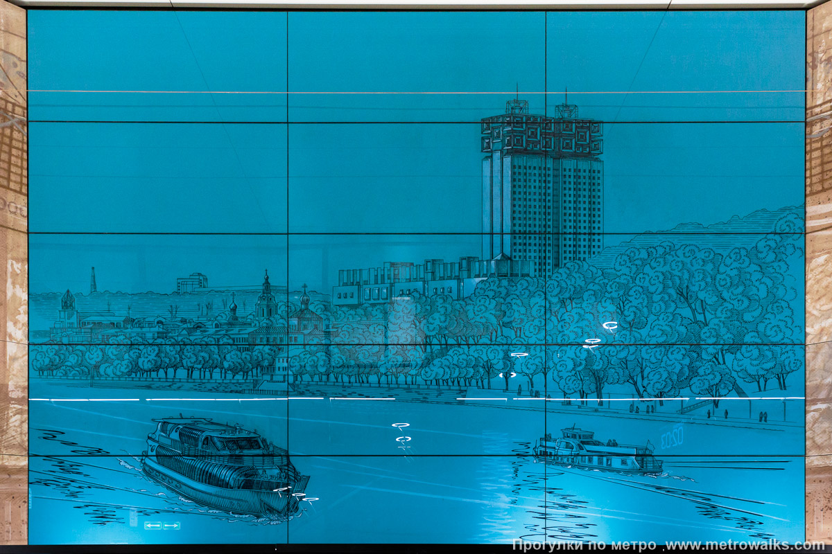 Фотография станции Академическая (Троицкая линия, Москва). Голубая вставка № 4 — как будто бы зритель уплывает от башни Академии наук по реке Москве. Фотография станции Академическая (Троицкая линия, Москва). Голубая вставка № 4 — как будто бы зритель уплывает от башни Академии наук по реке Москве.