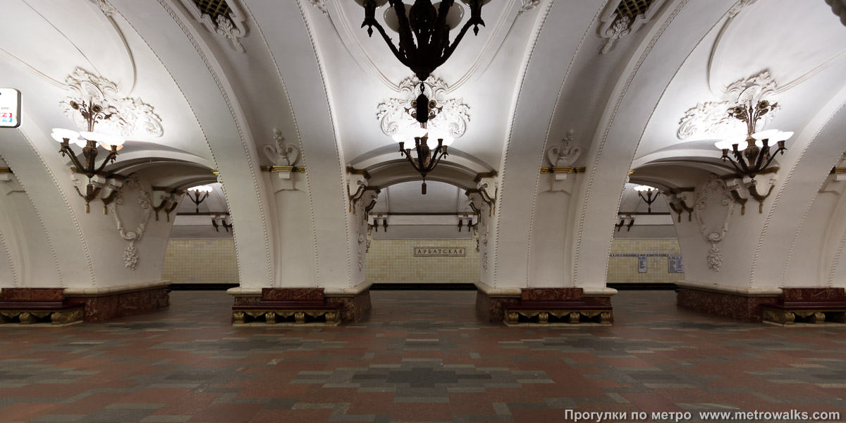 Фотография станции Арбатская (Арбатско-Покровская линия, Москва). Поперечный вид, проходы между пилонами из центрального зала на платформу.