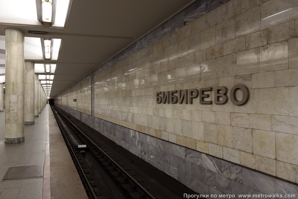 Фотография станции Бибирево (Серпуховско-Тимирязевская линия, Москва). Боковой зал станции и посадочная платформа, общий вид. Широкоугольно.