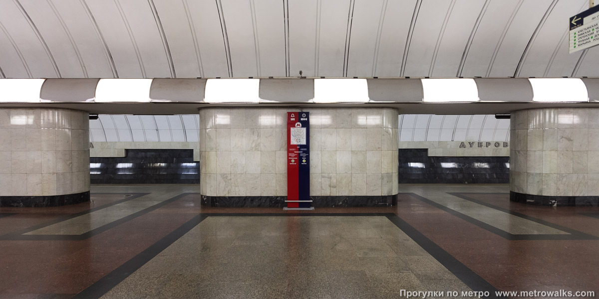 Фотография станции Дубровка (Люблинско-Дмитровская линия, Москва). Центральный зал, вид поперёк — стеновые вставки между колоннами.