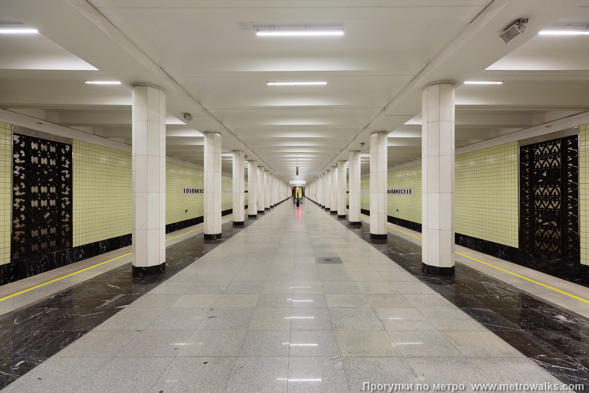 Фотография станции Коломенская (Замоскворецкая линия, Москва). Продольный вид центрального зала. Вид с северной стороны на юг. Фотография станции Коломенская (Замоскворецкая линия, Москва). Продольный вид центрального зала. Вид с северной стороны на юг.
