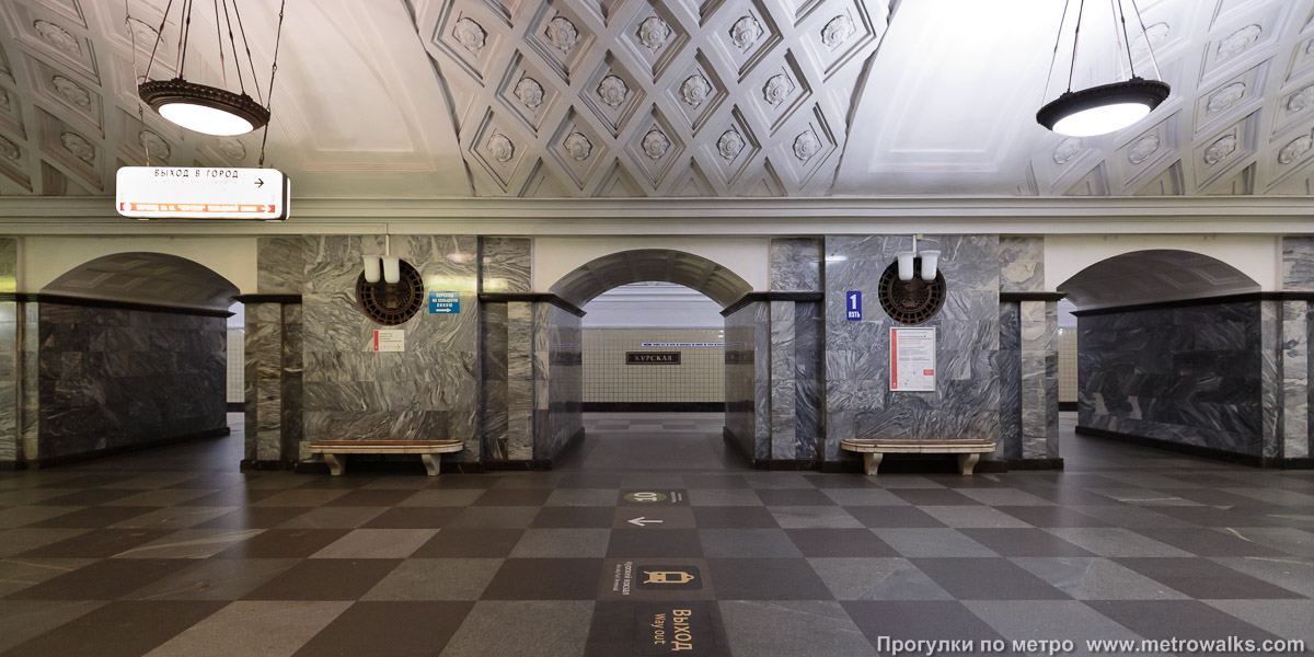 Фотография станции Курская (Арбатско-Покровская линия, Москва). Поперечный вид, проходы между пилонами из центрального зала на платформу.