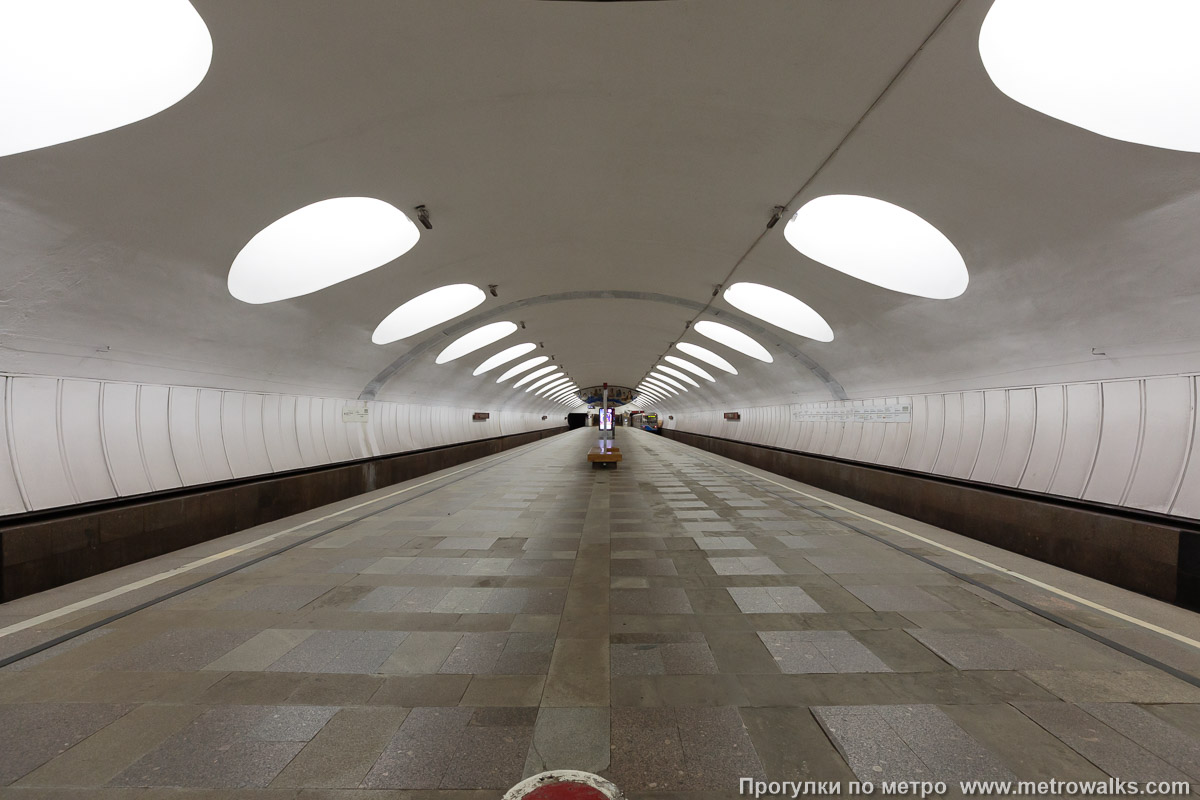 Фотография станции Отрадное (Серпуховско-Тимирязевская линия, Москва). Продольный вид по оси станции. Фотография станции Отрадное (Серпуховско-Тимирязевская линия, Москва). Продольный вид по оси станции.