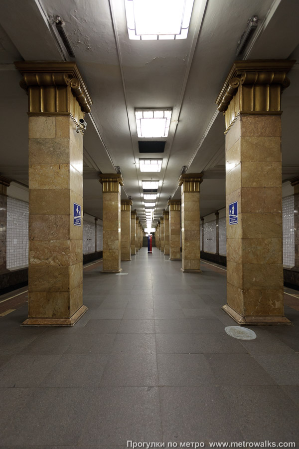 Фотография станции Парк культуры (Сокольническая линия, Москва). Продольный вид центрального зала. С колоннами в полную высоту.