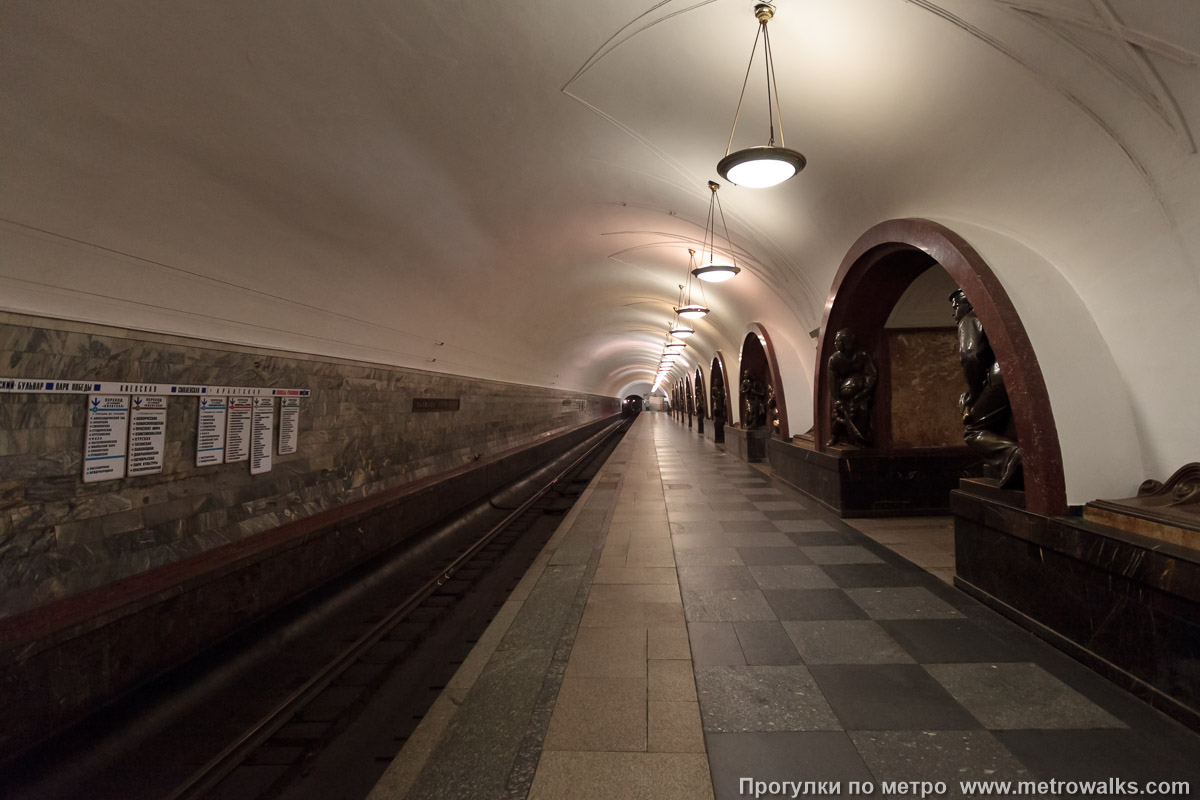 Фотография станции Площадь Революции (Арбатско-Покровская линия, Москва). Боковой зал станции и посадочная платформа, общий вид.