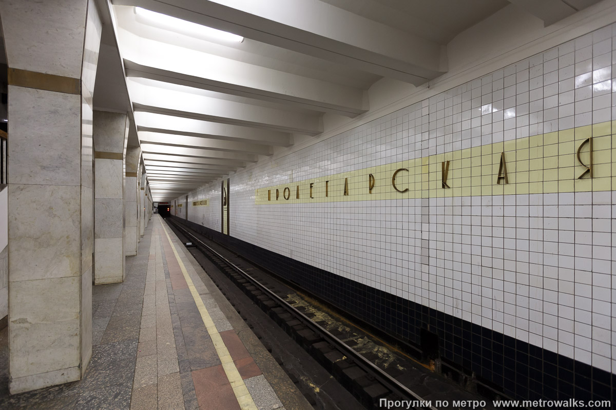 Фотография станции Пролетарская (Таганско-Краснопресненская линия, Москва). Боковой зал станции и посадочная платформа, общий вид. Историческая фотография: раньше путевые стены были облицованы керамической плиткой.