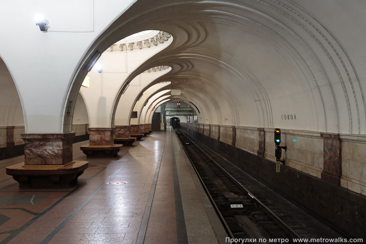 Фотография станции Сокол (Замоскворецкая линия, Москва). Продольный вид вдоль края платформы.