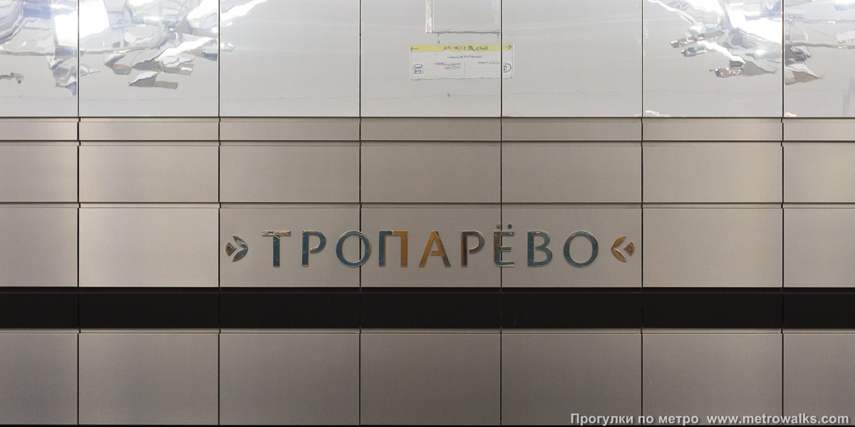 Фотография станции Тропарёво (Сокольническая линия, Москва). Название станции на путевой стене крупным планом.