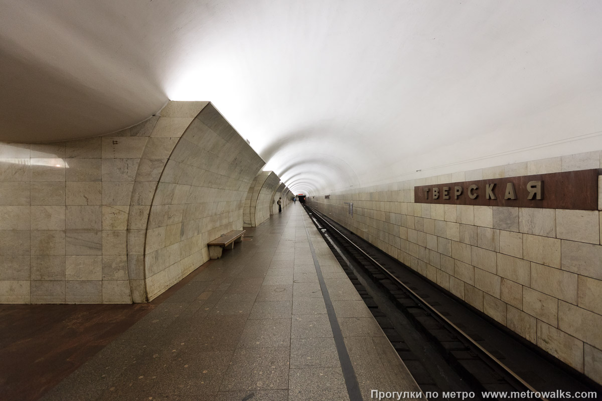 Фотография станции Тверская (Замоскворецкая линия, Москва). Боковой зал станции и посадочная платформа, общий вид.