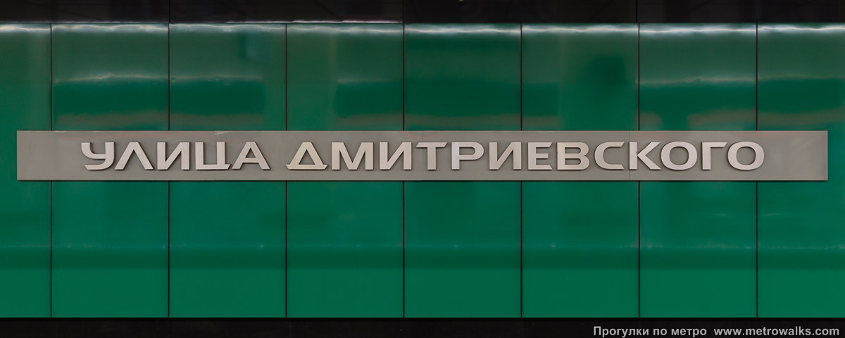 Фотография станции Улица Дмитриевского (Некрасовская линия, Москва). Название станции на путевой стене крупным планом.