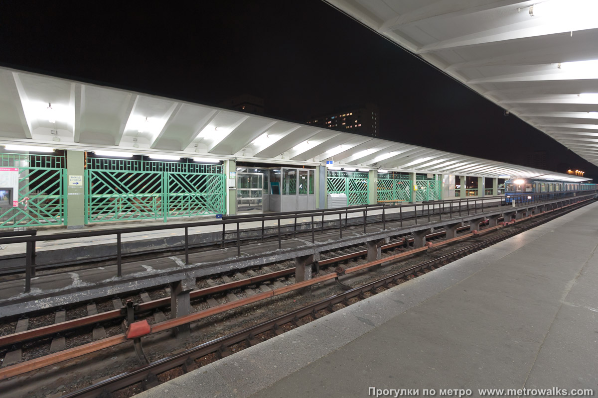 Фотография станции Выхино (Таганско-Краснопресненская линия, Москва). Вид по диагонали. Идеальные фотографии здесь невозможны: ночью вокруг темнота…
