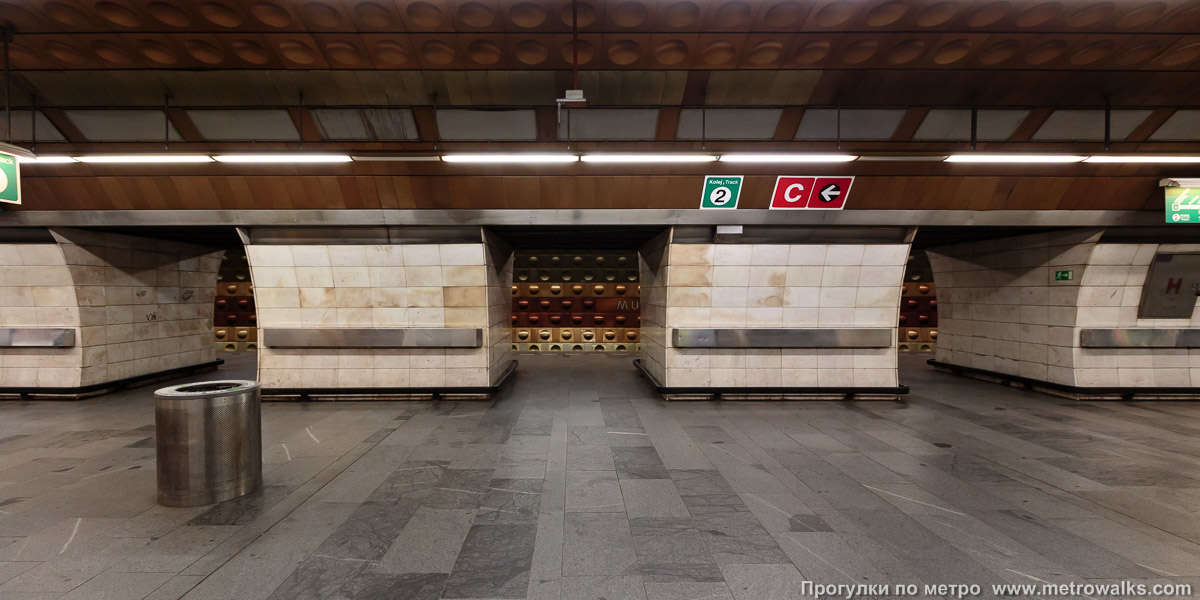 Фотография станции Muzeum [Музэ́ум] (линия A, Прага). Поперечный вид, проходы между пилонами из центрального зала на платформу.