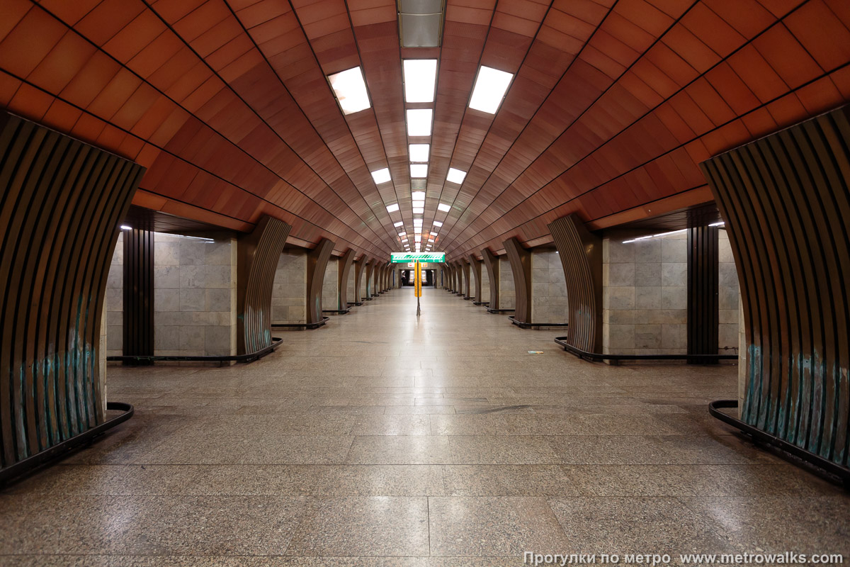 Фотография станции Želivského [Жели́вскего] (линия A, Прага). Центральный зал станции, вид вдоль от глухого торца в сторону выхода.