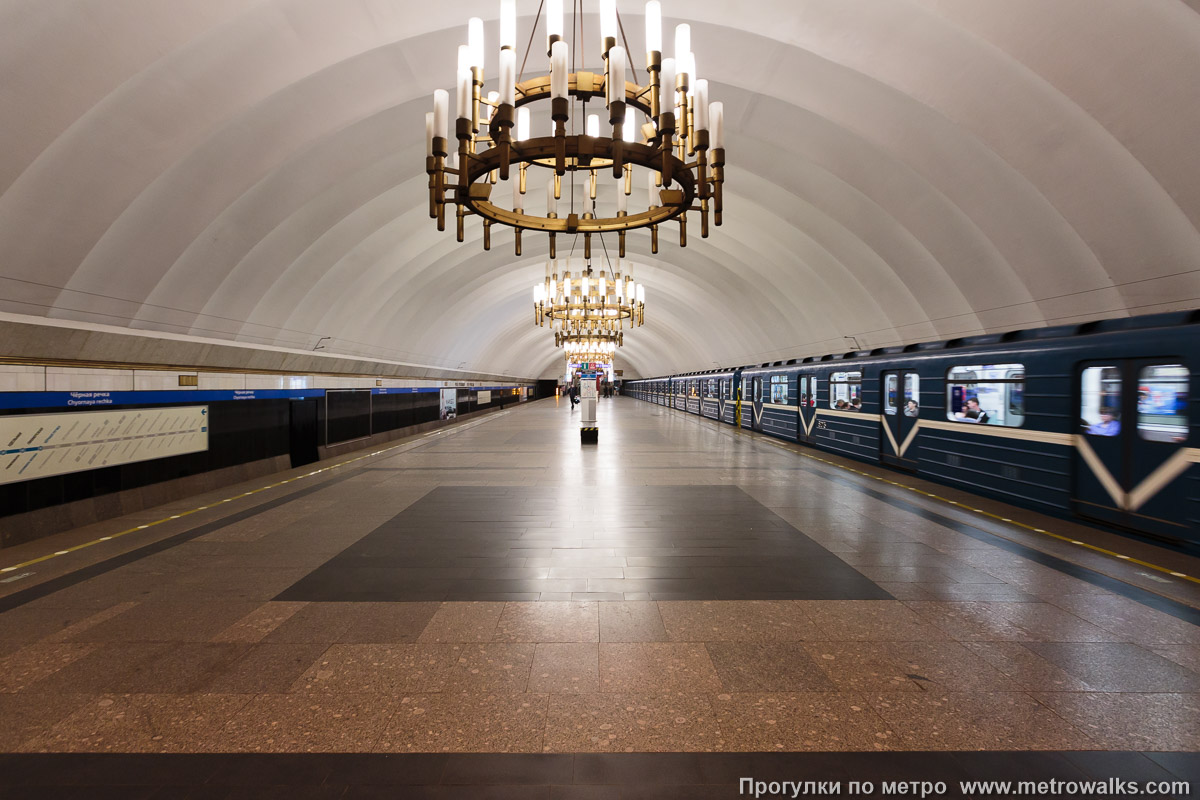 Фотография станции Чёрная речка (Московско-Петроградская линия, Санкт-Петербург). Общий вид по оси станции от глухого торца в сторону выхода. Для оживления картинки — с поездом.