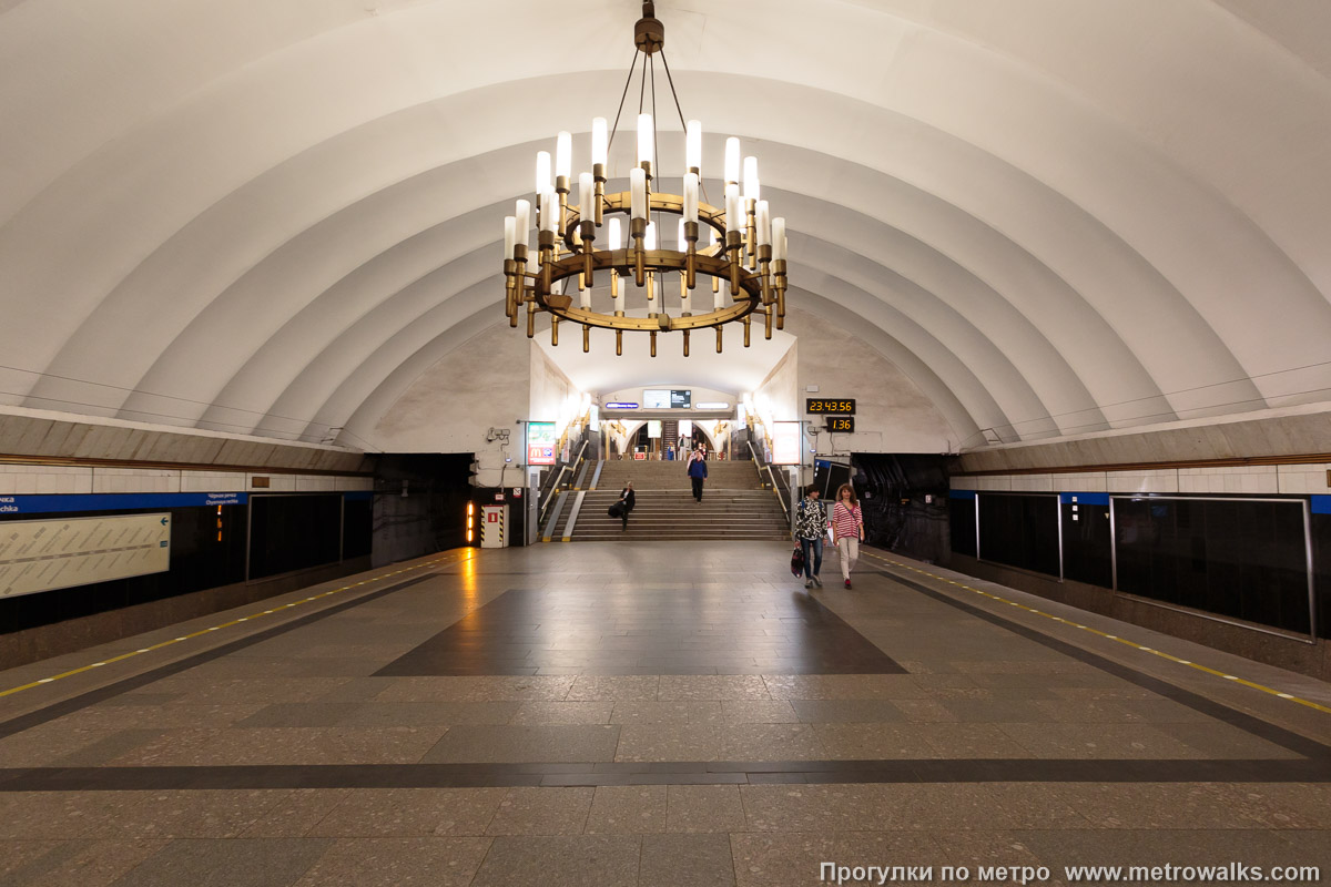 Фотография станции Чёрная речка (Московско-Петроградская линия, Санкт-Петербург). Выход в город, до эскалаторов нужно подняться по небольшой лестнице.