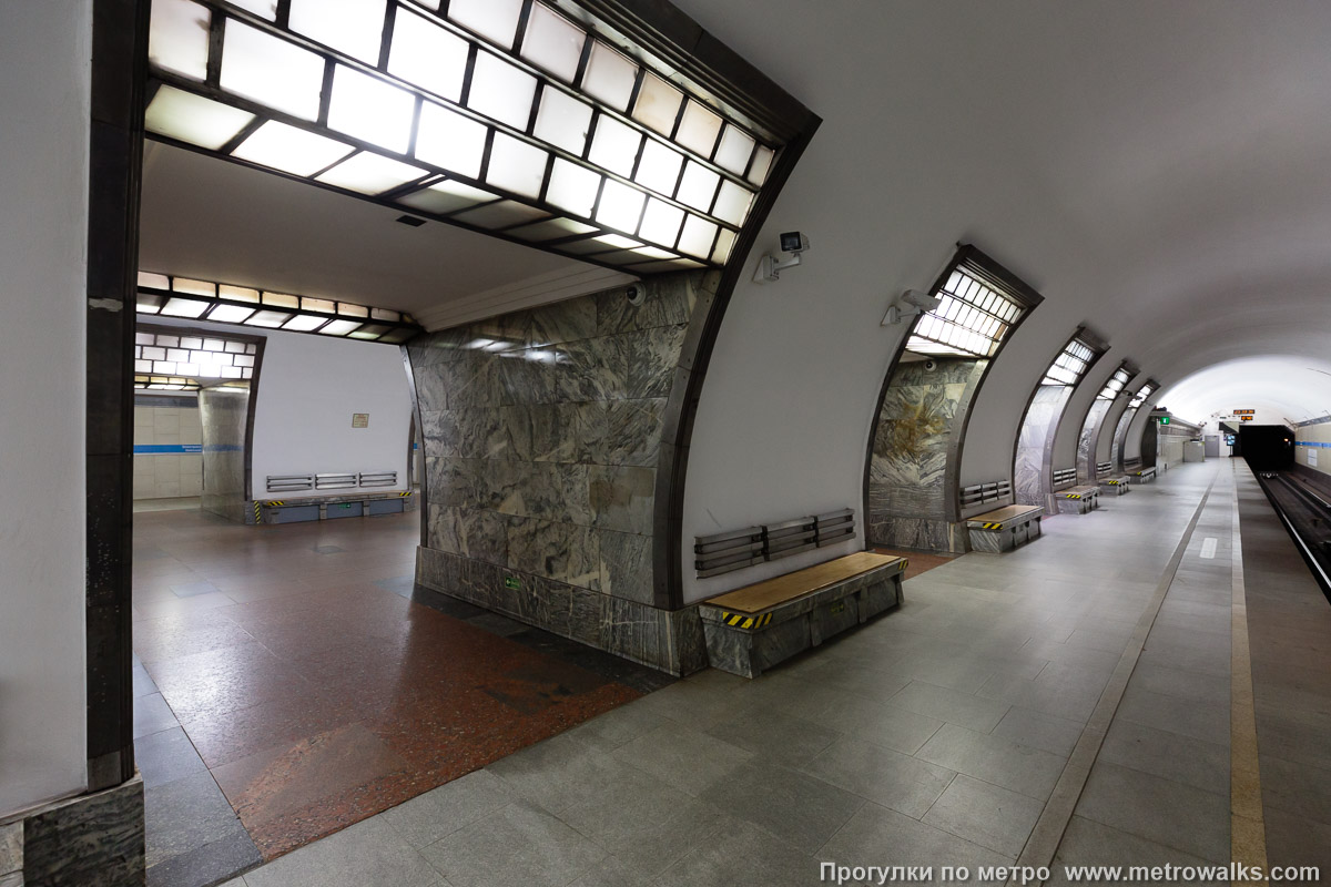 Фотография станции Электросила (Московско-Петроградская линия, Санкт-Петербург). Вид на пилоны со стороны края платформы.