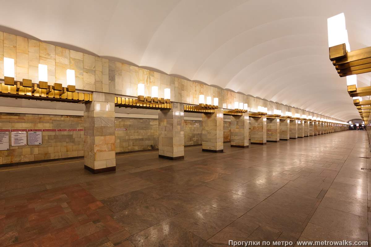 Фотография станции Гражданский проспект (Кировско-Выборгская линия, Санкт-Петербург). Вид по диагонали. Широкоугольный ракурс.