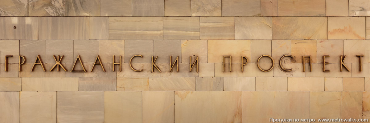 Фотография станции Гражданский проспект (Кировско-Выборгская линия, Санкт-Петербург). Название станции на путевой стене крупным планом.