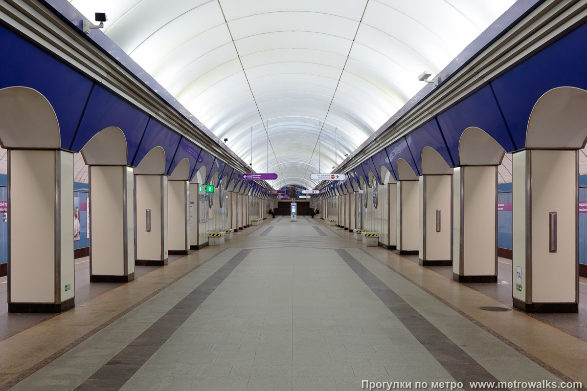 Фотография станции Комендантский проспект (Фрунзенско-Приморская линия, Санкт-Петербург). Центральный зал станции, вид вдоль от входа в сторону глухого торца. Длиннофокусный ракурс со вниманием к колонным и стеновым секциям.