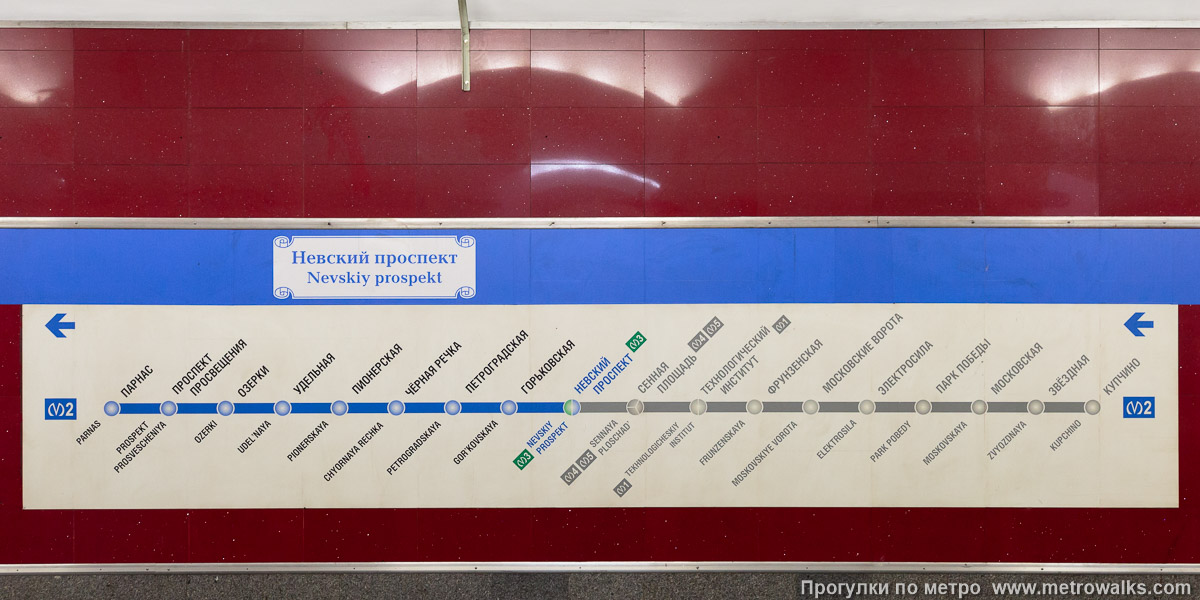 Фотография станции Невский проспект (Московско-Петроградская линия, Санкт-Петербург). Название станции на путевой стене и схема линии.