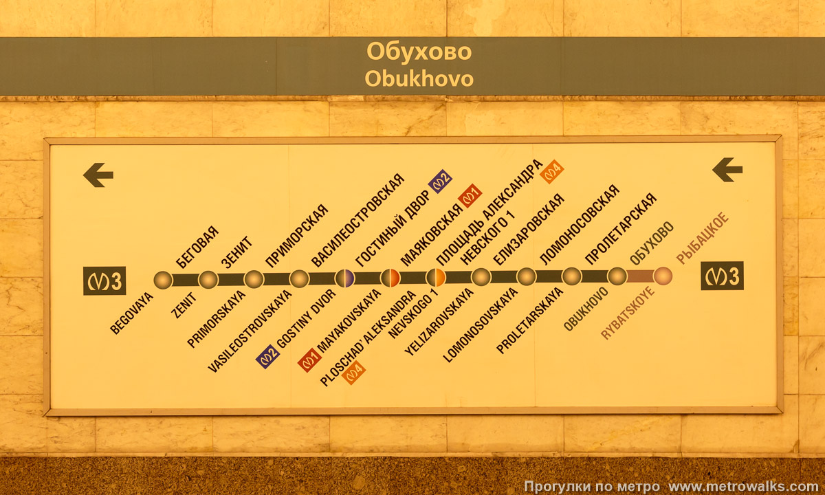 Фотография станции Обухово (Невско-Василеостровская линия, Санкт-Петербург). Схема линии на путевой стене.
