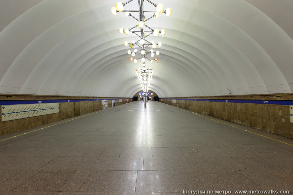 Фотография станции Озерки (Московско-Петроградская линия, Санкт-Петербург). Общий вид по оси станции от глухого торца в сторону выхода.