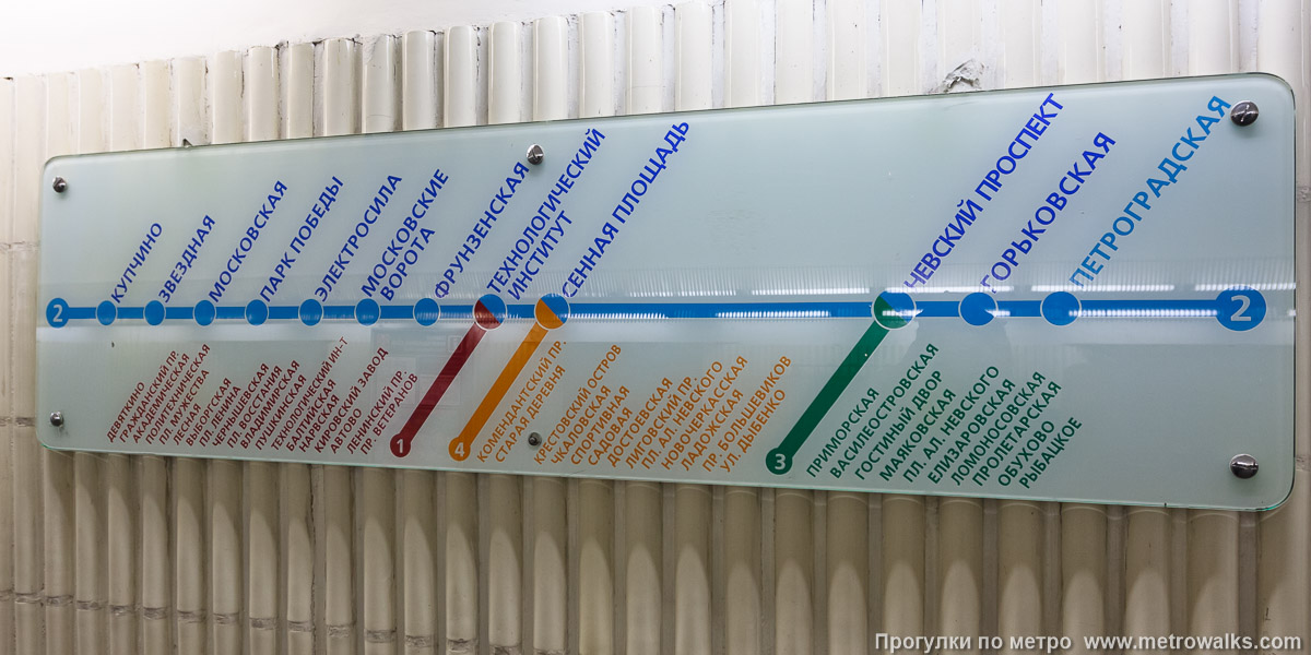 Фотография станции Петроградская (Московско-Петроградская линия, Санкт-Петербург). Схема линии на станционной стене. Старая версия, с обозначенными станциями других линий.