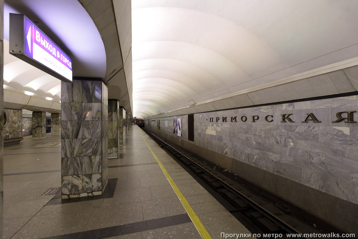 Фотография станции Приморская (Невско-Василеостровская линия, Санкт-Петербург). Боковой зал станции и посадочная платформа, общий вид.