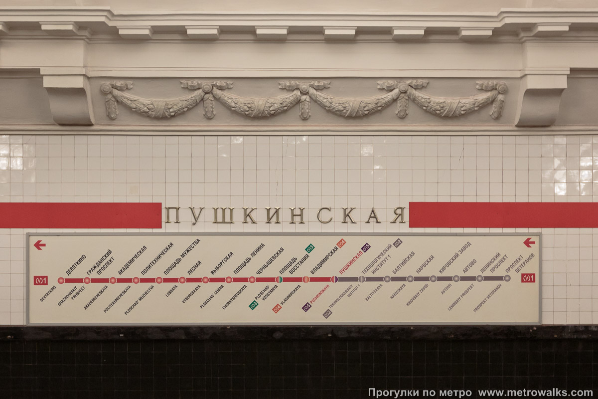 Фотография станции Пушкинская (Кировско-Выборгская линия, Санкт-Петербург). Название станции на путевой стене и схема линии.