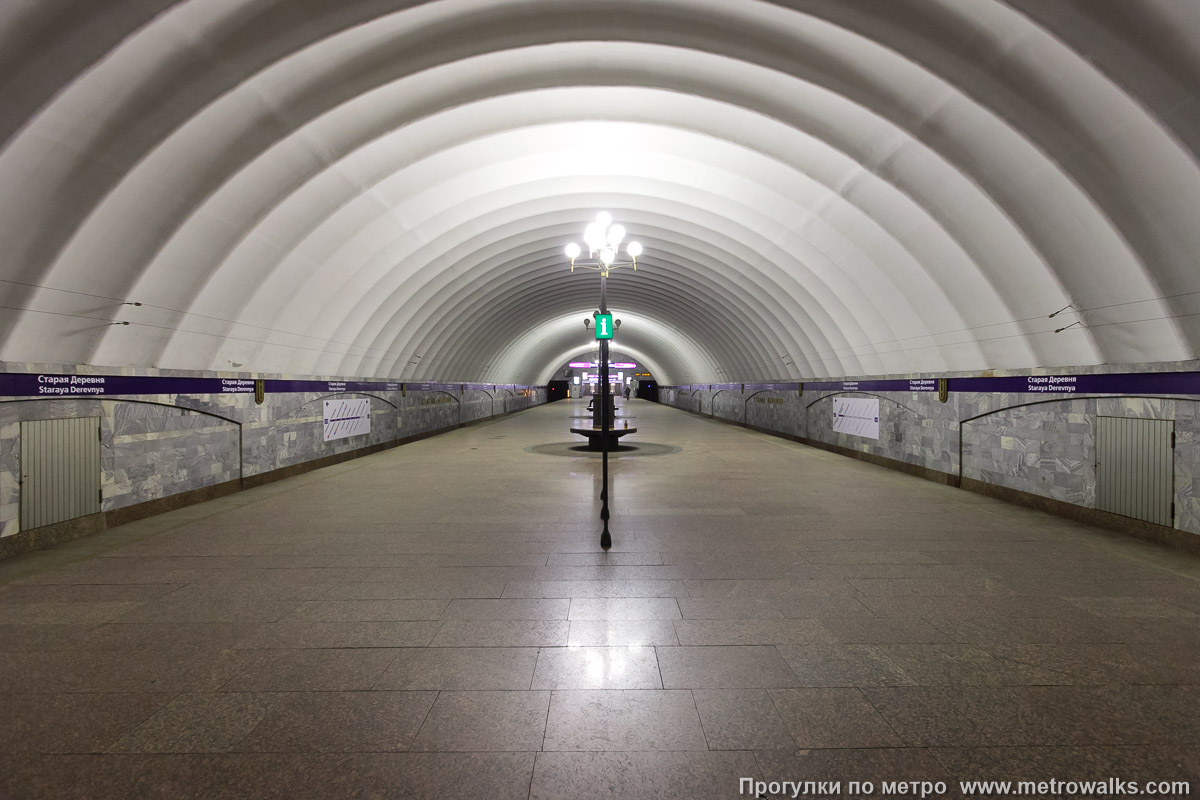 Фотография станции Старая Деревня (Фрунзенско-Приморская линия, Санкт-Петербург). Общий вид по оси станции от глухого торца в сторону выхода.