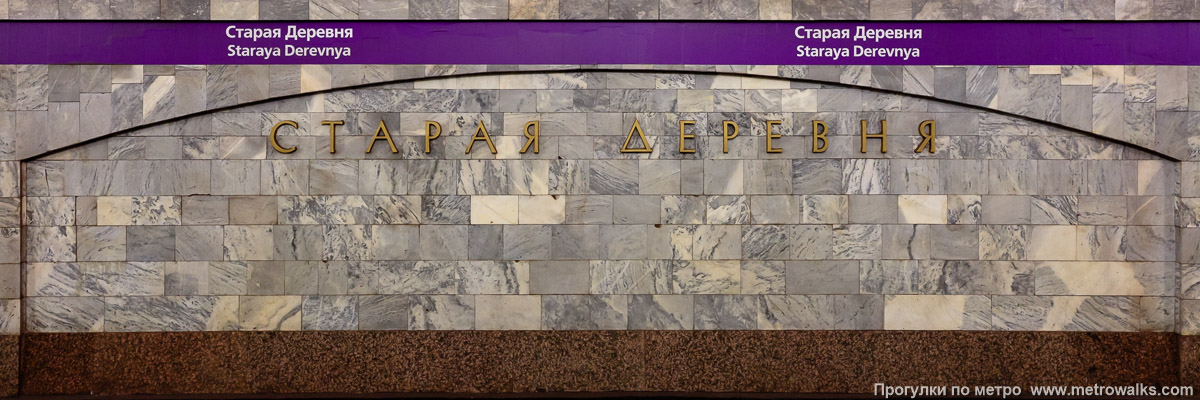 Фотография станции Старая Деревня (Фрунзенско-Приморская линия, Санкт-Петербург). Название станции на путевой стене крупным планом. Современная фотография, с фиолетовой полосой.