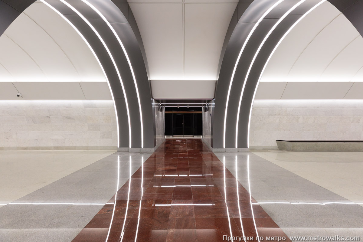 Фотография станции Юго-Западная (Красносельско-Калининская линия, Санкт-Петербург). Поперечный вид, проходы между пилонами из центрального зала на платформу.