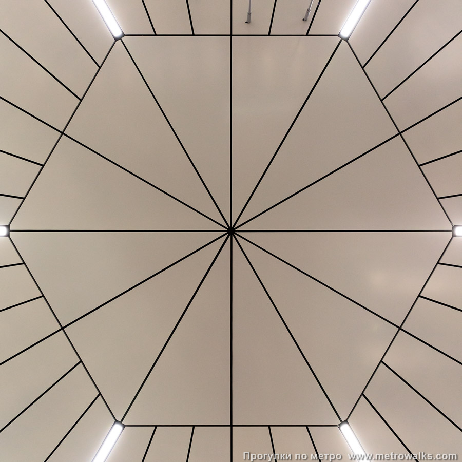 Фотография станции Юго-Западная (Красносельско-Калининская линия, Санкт-Петербург). Потолок вестибюля. Треугольные панели образуют правильный шестиугольник с многочисленными расходящимися радиусами.