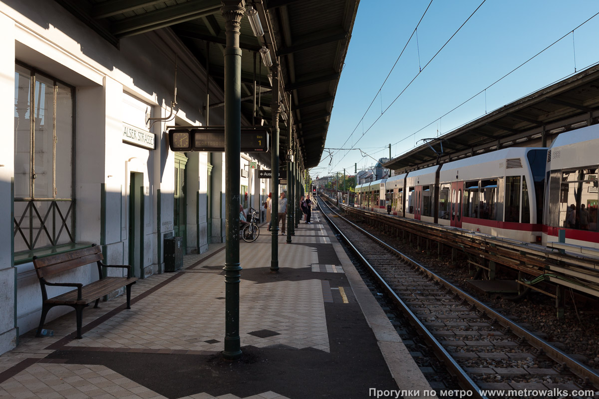 Фотография станции Alser Straße [Альзер Штрассе] (U6, Вена). Продольный вид вдоль края платформы. Для разнообразия — с поездом.
