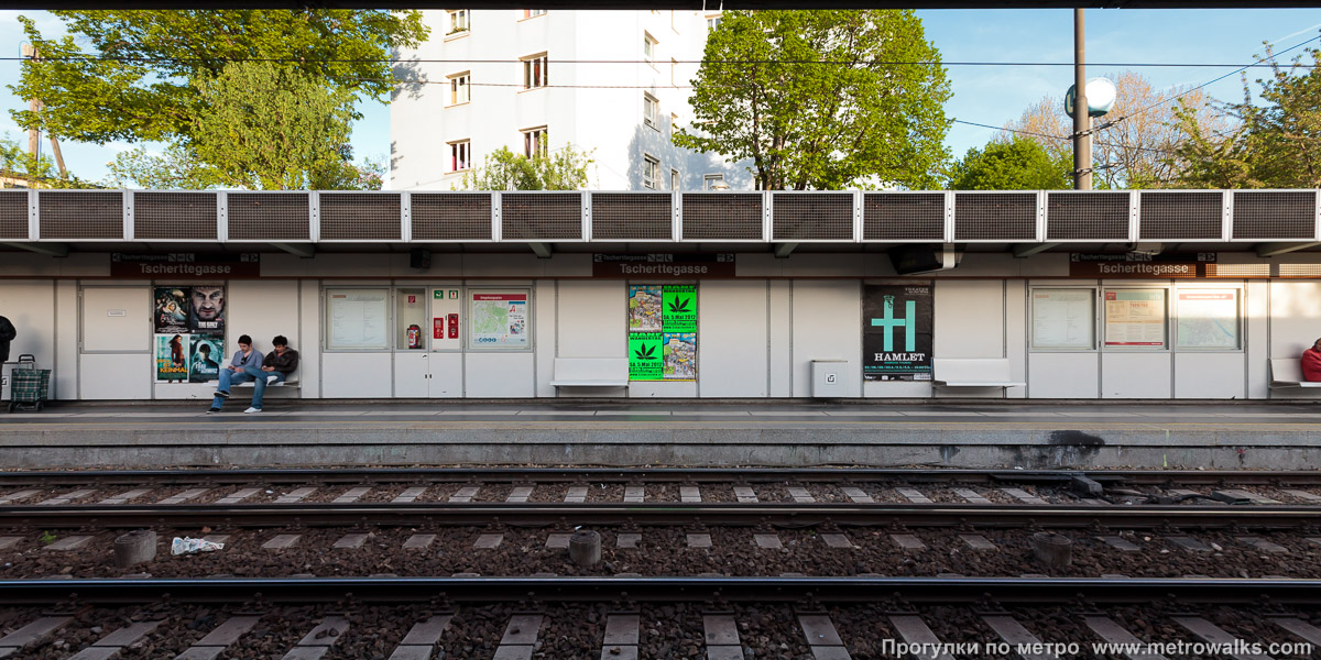 Фотография станции Tscherttegasse [Черттегассе] (U6, Вена). Поперечный вид. Центральная часть станции, крытая.